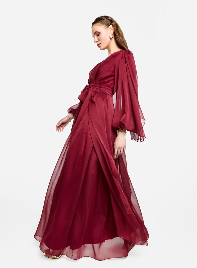 House of Moda Pleated Balloon Sleeve Waist Tie-Up A-Line Maxi Dress - Image 3