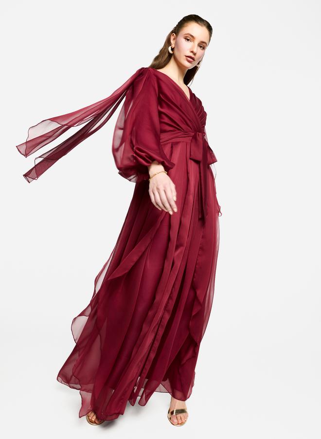 House of Moda Pleated Balloon Sleeve Waist Tie-Up A-Line Maxi Dress - Image 4