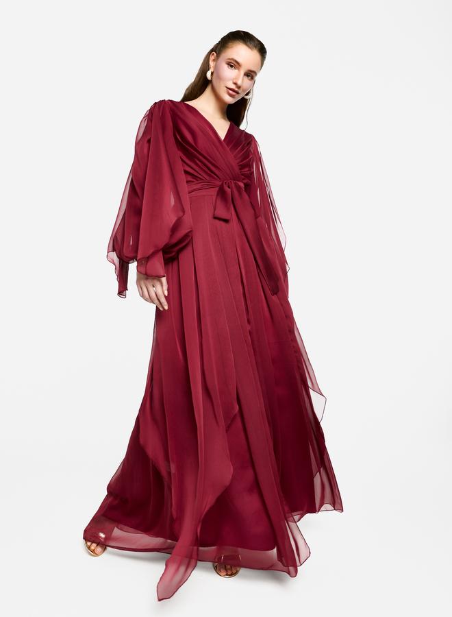 House of Moda Pleated Balloon Sleeve Waist Tie-Up A-Line Maxi Dress - Image 1