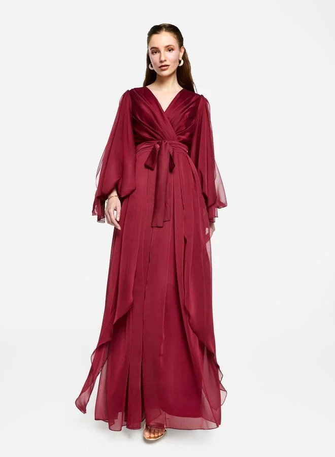 House of Moda House of Moda Pleated Balloon Sleeve Waist Tie-Up A-Line Maxi Dress