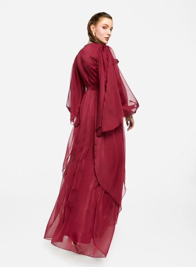 House of Moda House of Moda Pleated Balloon Sleeve Waist Tie-Up A-Line Maxi Dress