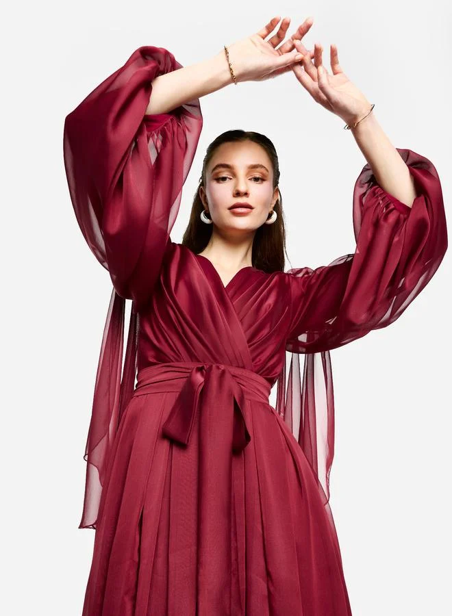 House of Moda House of Moda Pleated Balloon Sleeve Waist Tie-Up A-Line Maxi Dress