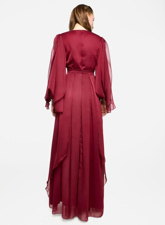 House of Moda House of Moda Pleated Balloon Sleeve Waist Tie-Up A-Line Maxi Dress