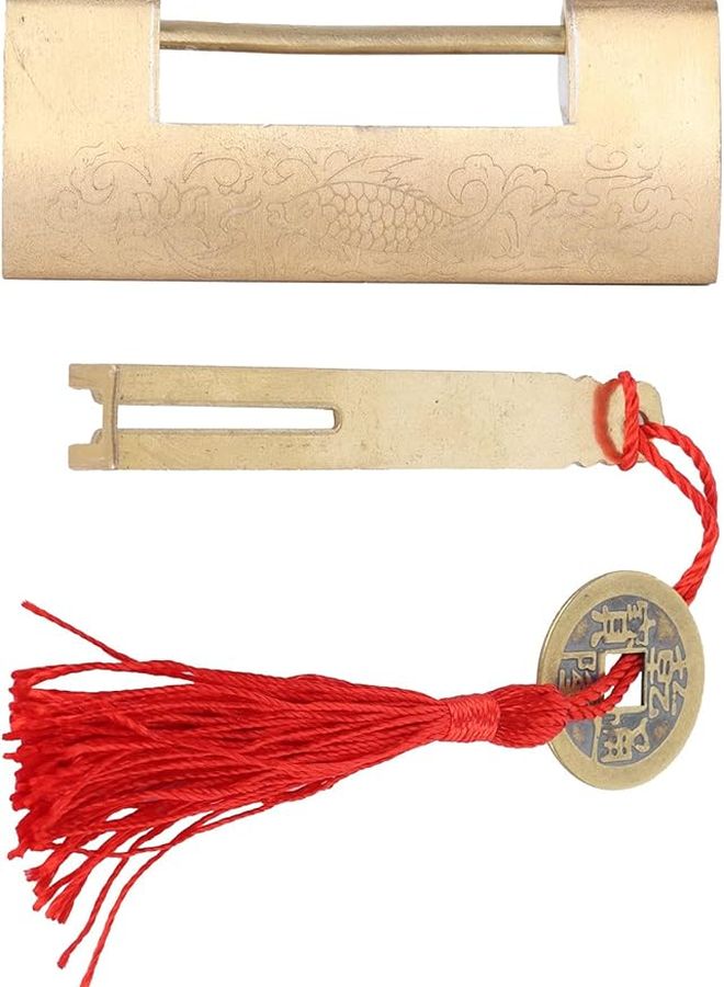 Vintage Carved Fish Padlock with Key Copper Pendant for Jewelry Box Drawer Cabinet - Image 1