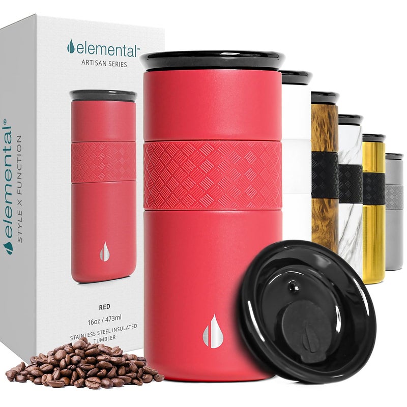 Elemental Artisan Insulated Tumbler Triple Wall Coffee Travel Mug Reusable Stainless Steel Coffee Tumbler with Ceramic Lid Thermal Coffee Cups for Hot 6 Hrs Cold 18 Hrs 16oz Red