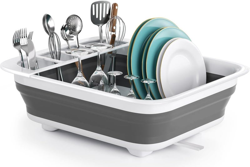 THANSTAR Collapsible Dish Drying Rack for RV Kitchen, Foldable Drainer Organizer for Kitchen Countertop, Space Saving Portable Dish Rack for Campers, Travel Trailer & Small Spaces, Easy Storage, Grey - Image 1