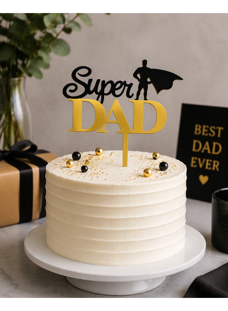 Super Dad Cake Topper – Gold & Black Acrylic Father’s Day Cake Decoration | Superhero Dad Theme Party Topper for Birthday, Dad Celebration Cake Decor - Image 2