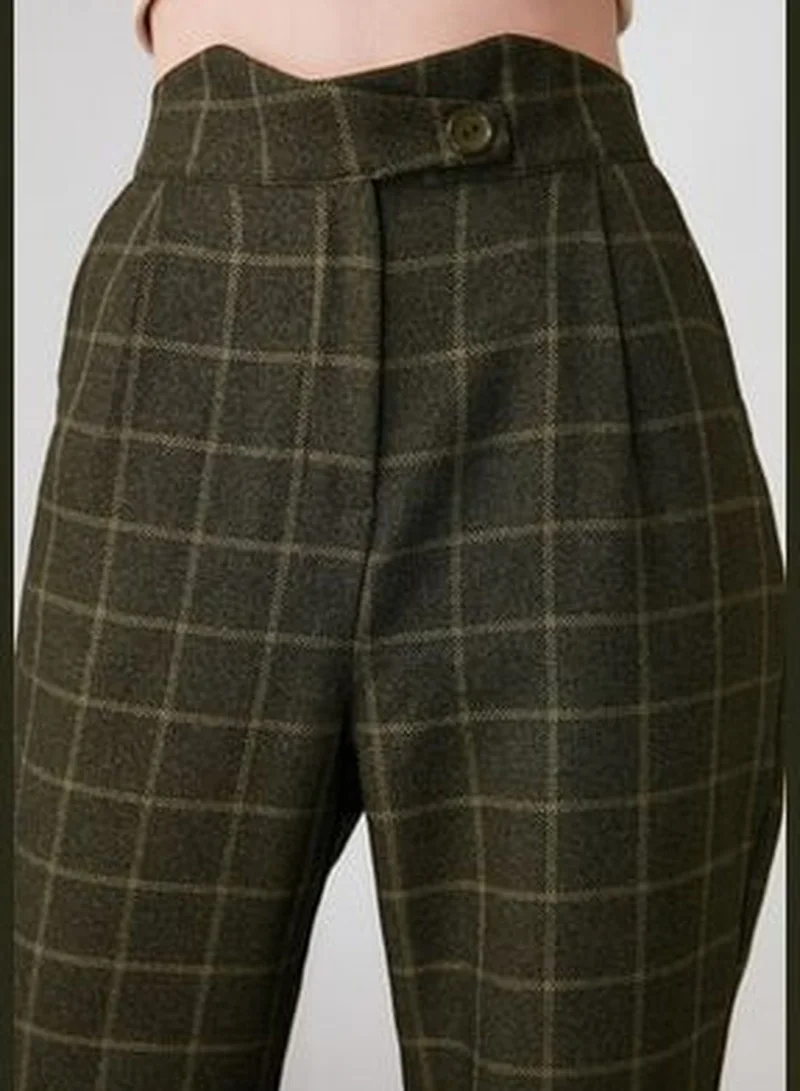 trendyol Khaki Cigarette Checkered Woven Trousers TWOAW21PL0033