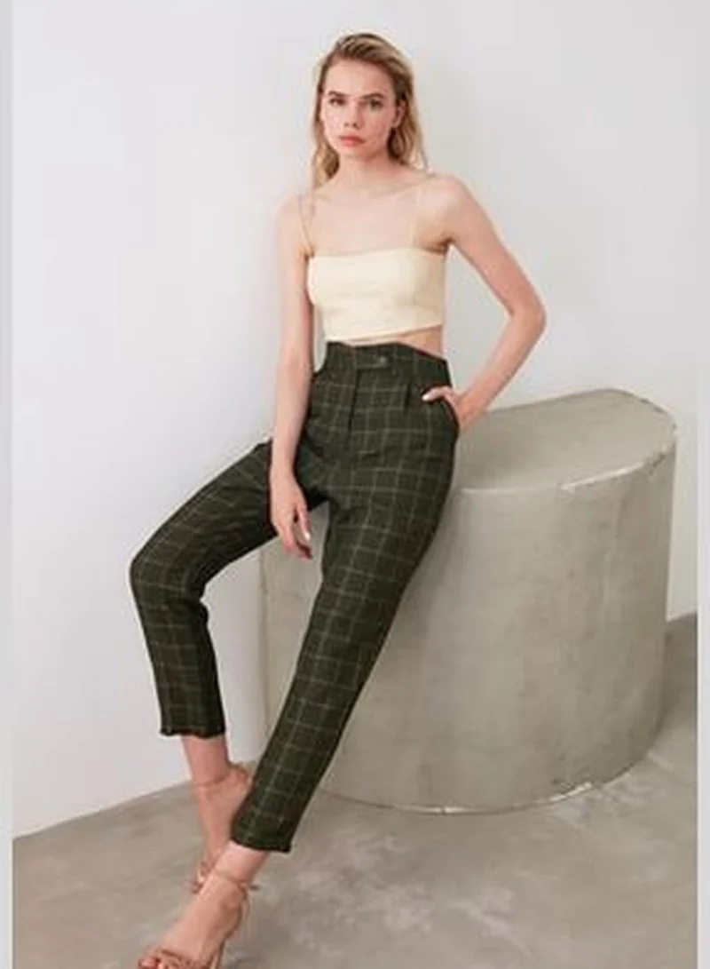 trendyol Khaki Cigarette Checkered Woven Trousers TWOAW21PL0033