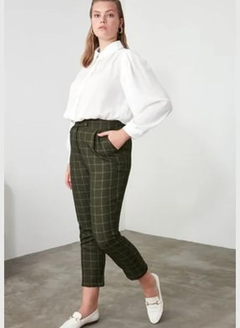 trendyol Khaki Cigarette Checkered Woven Trousers TWOAW21PL0033