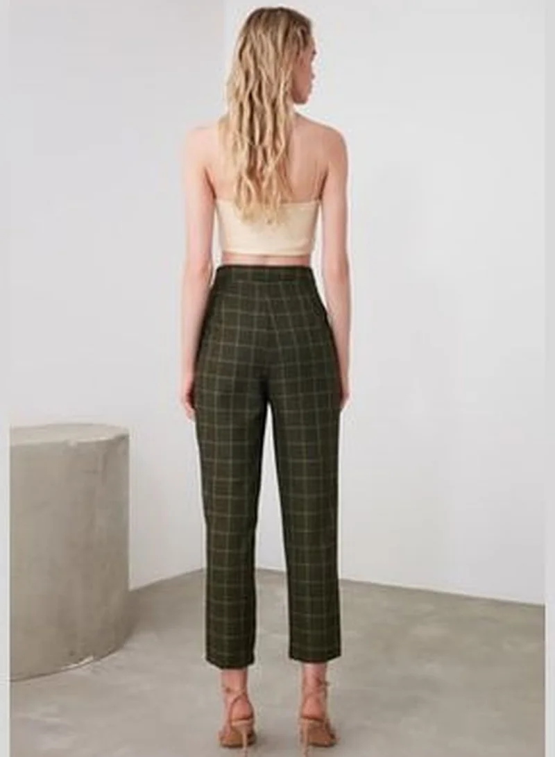 trendyol Khaki Cigarette Checkered Woven Trousers TWOAW21PL0033