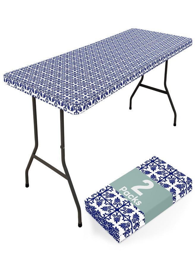 misaya 2 Pack 6 Foot Rectangle Picnic Tablecloth, Elastic Fitted Waterproof Table Cover, Windproof Washable Polyester Table Cloth for Camping, Indoor and Outdoor (Navy, 30" x 72") - Image 1