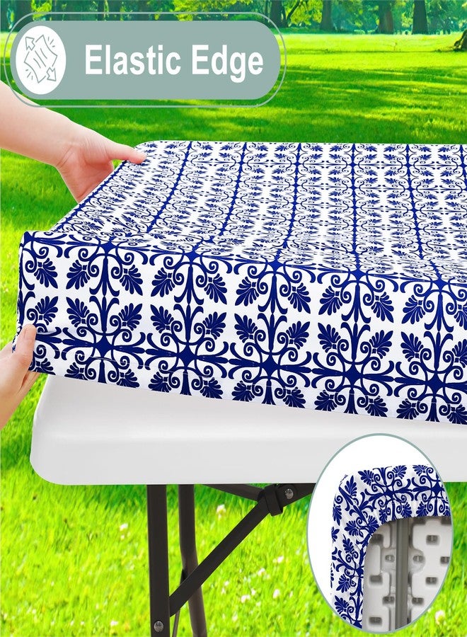 misaya 2 Pack 6 Foot Rectangle Picnic Tablecloth, Elastic Fitted Waterproof Table Cover, Windproof Washable Polyester Table Cloth for Camping, Indoor and Outdoor (Navy, 30" x 72") - Image 3