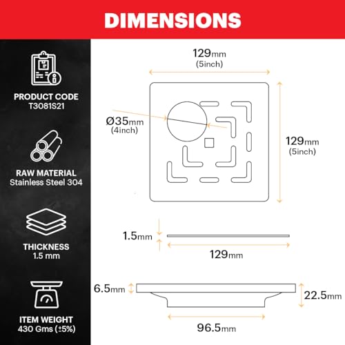 Johnson Bathrooms Johnson Curl 6x6 inches Square Floor Drain with Hole| SS304 Grade Floor Trap Jali/Drain Cover| Anti-Rust, Matt/Satin Finish | 2 Yr Warranty(T3081S21- Stainless Steel) - Image 2