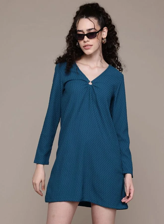 Women Fit and Flared Textured V-Neck Long Sleeve Shift Dress