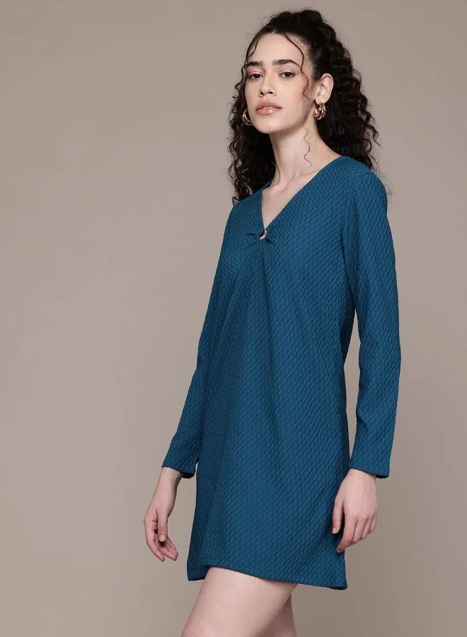 Freehand  Women Fit and Flared Textured V-Neck Long Sleeve Shift Dress for Women | Best Price UAE