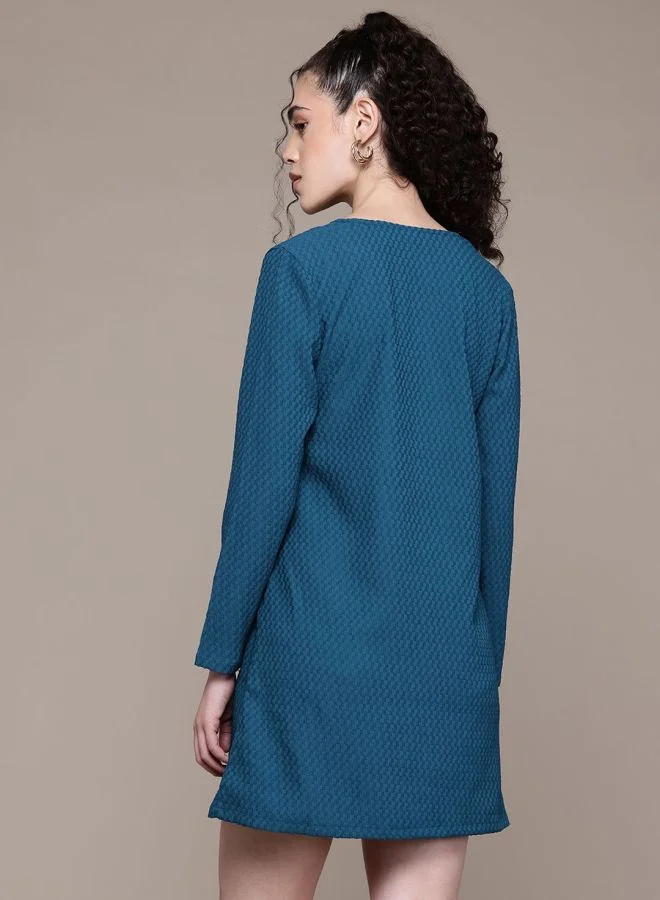 Freehand  Women Fit and Flared Textured V-Neck Long Sleeve Shift Dress for Women | Best Price UAE