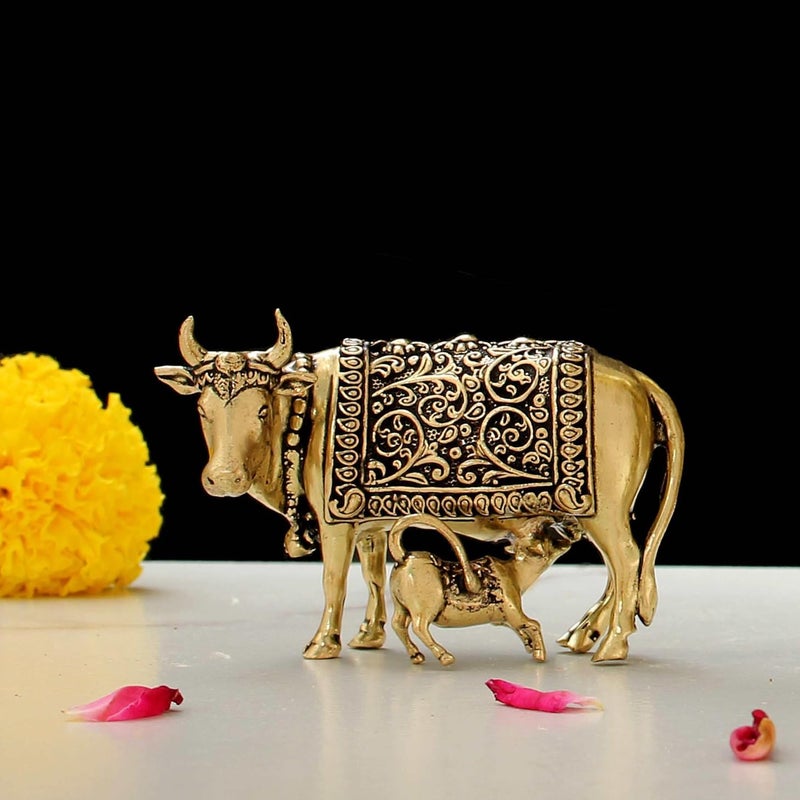INDICAST Handcrafted Brass Cow with Calf for Good Luck 2 Kamdhenu Gau MATA Idol Spiritual Vastu Nandi Pooja Figurine Sculpture for Home and Office Weight 70gm - Image 1