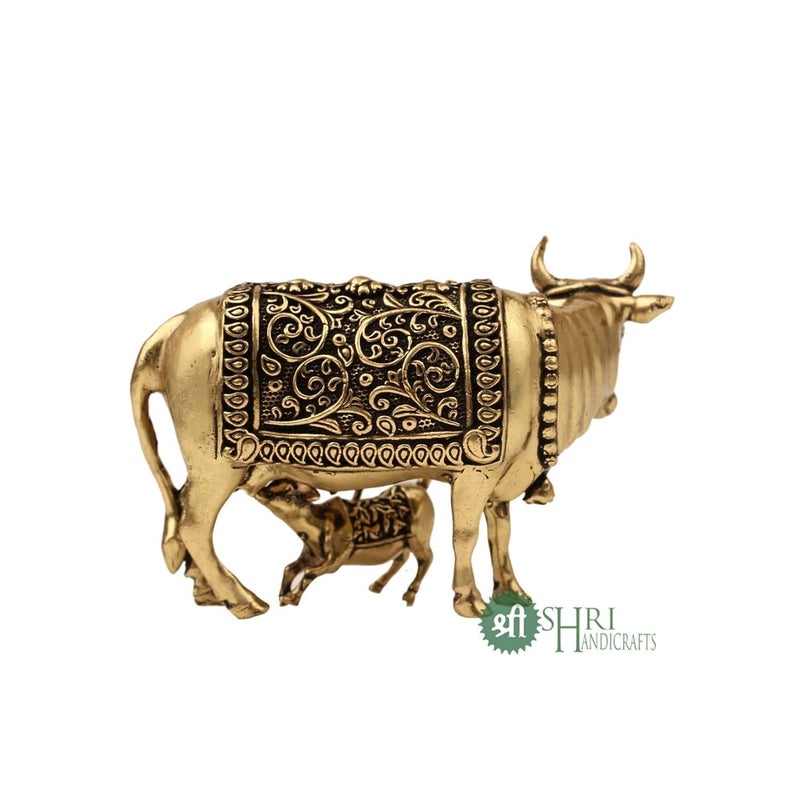 INDICAST Handcrafted Brass Cow with Calf for Good Luck 2 Kamdhenu Gau MATA Idol Spiritual Vastu Nandi Pooja Figurine Sculpture for Home and Office Weight 70gm - Image 4