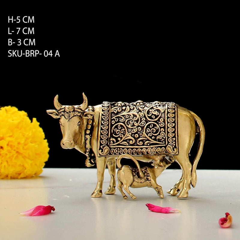 INDICAST Handcrafted Brass Cow with Calf for Good Luck 2 Kamdhenu Gau MATA Idol Spiritual Vastu Nandi Pooja Figurine Sculpture for Home and Office Weight 70gm - Image 2
