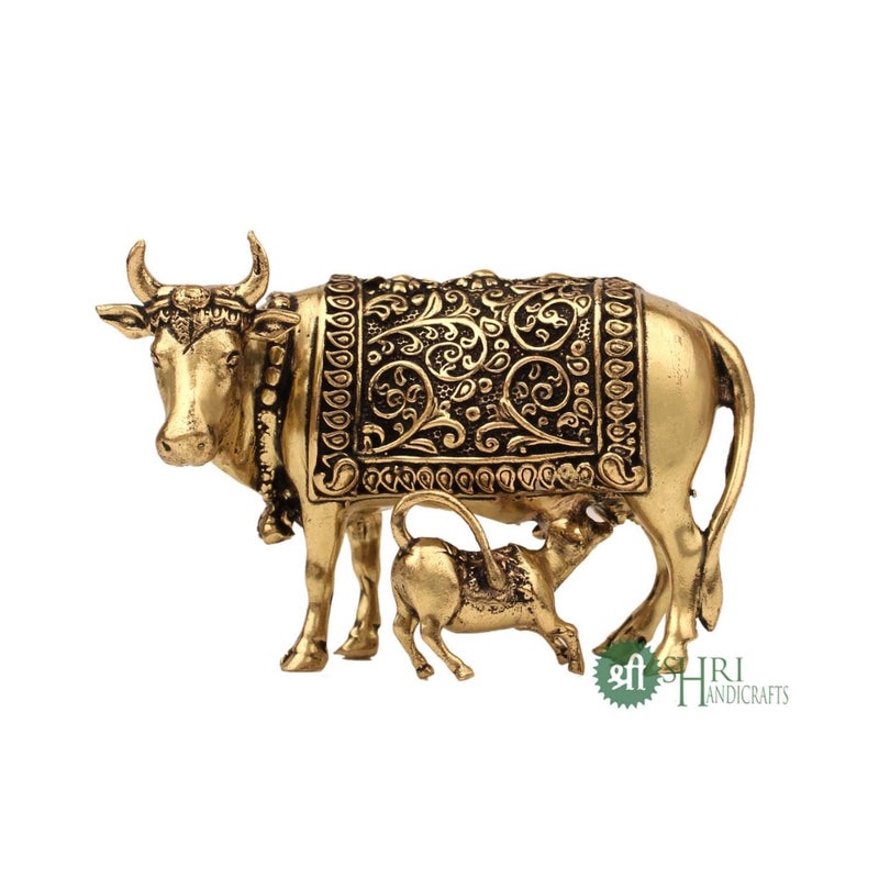 INDICAST Handcrafted Brass Cow with Calf for Good Luck 2 Kamdhenu Gau MATA Idol Spiritual Vastu Nandi Pooja Figurine Sculpture for Home and Office Weight 70gm - Image 5