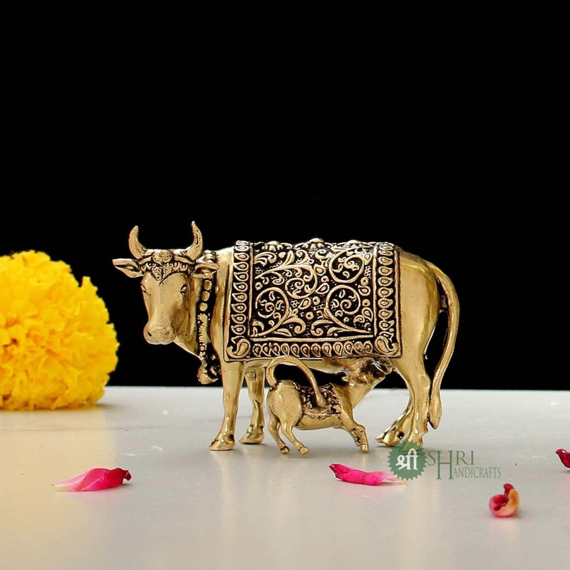 INDICAST Handcrafted Brass Cow with Calf for Good Luck 2 Kamdhenu Gau MATA Idol Spiritual Vastu Nandi Pooja Figurine Sculpture for Home and Office Weight 70gm - Image 3