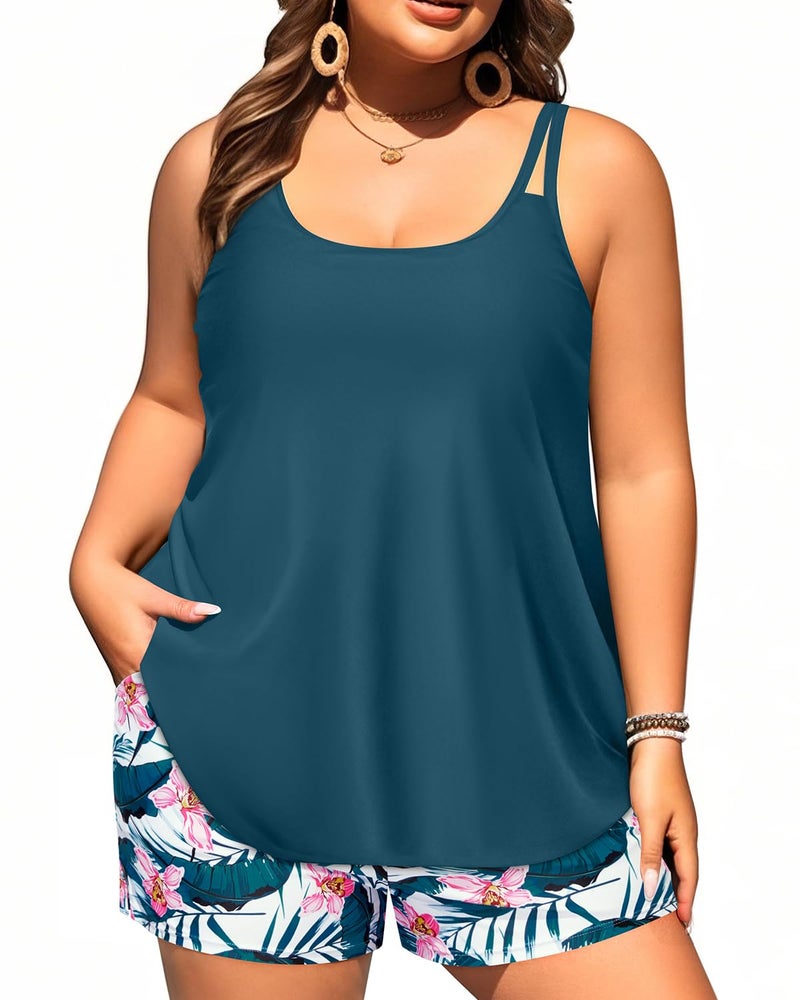 Tempt Me Plus Size Tankini Swimsuits - Women Two Piece Tankini Top with Shorts Flowy Swimsuit 2025 Bathing Suits Teal Flower 18W - Image 1