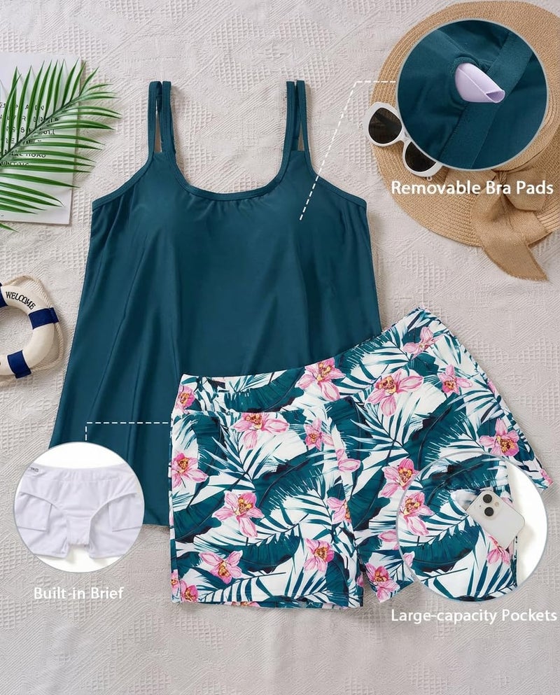 Tempt Me Plus Size Tankini Swimsuits - Women Two Piece Tankini Top with Shorts Flowy Swimsuit 2025 Bathing Suits Teal Flower 18W - Image 4