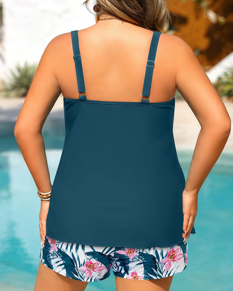 Tempt Me Plus Size Tankini Swimsuits - Women Two Piece Tankini Top with Shorts Flowy Swimsuit 2025 Bathing Suits Teal Flower 18W - Image 2