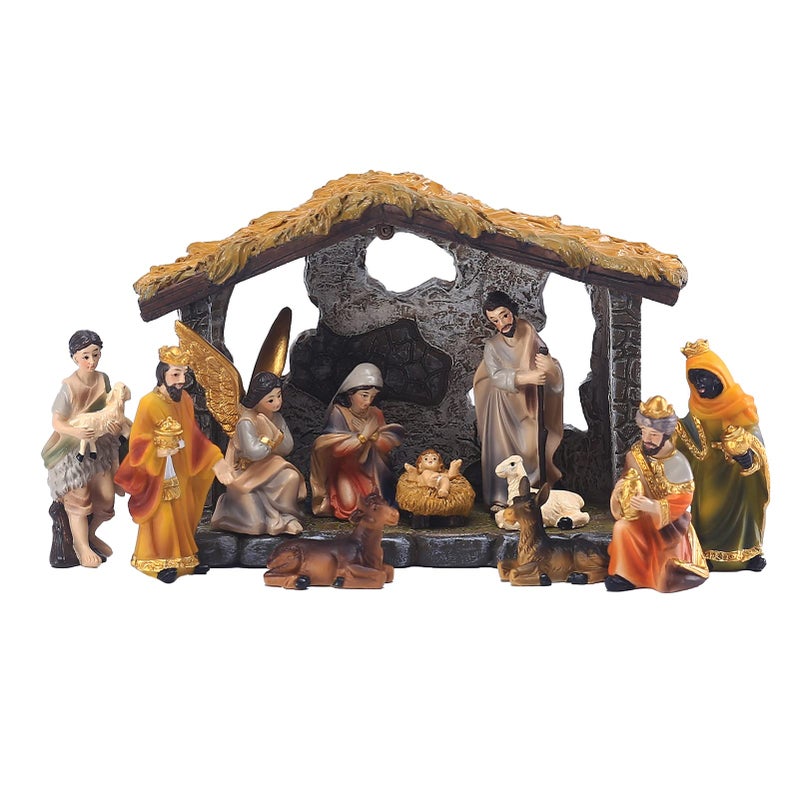 MACLARONX Nativity Set 12Piece Christmas Nativity Scene Figurine with Stable Indoor Tabletop Home Decor Jesus Birth Scene HandPainted Collectible