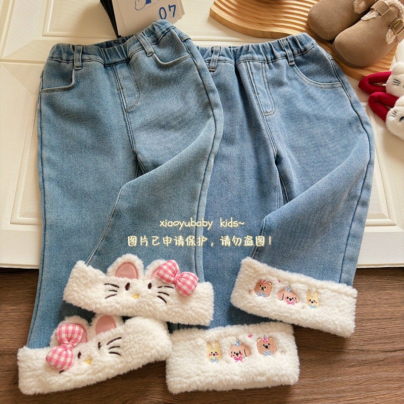 2024 Fall/Winter New Korean Girls' Fleece-Lined Pants Cartoon Stitching Mao Mao Embroidered One-Piece Fleece Straight Jeans - Image 3