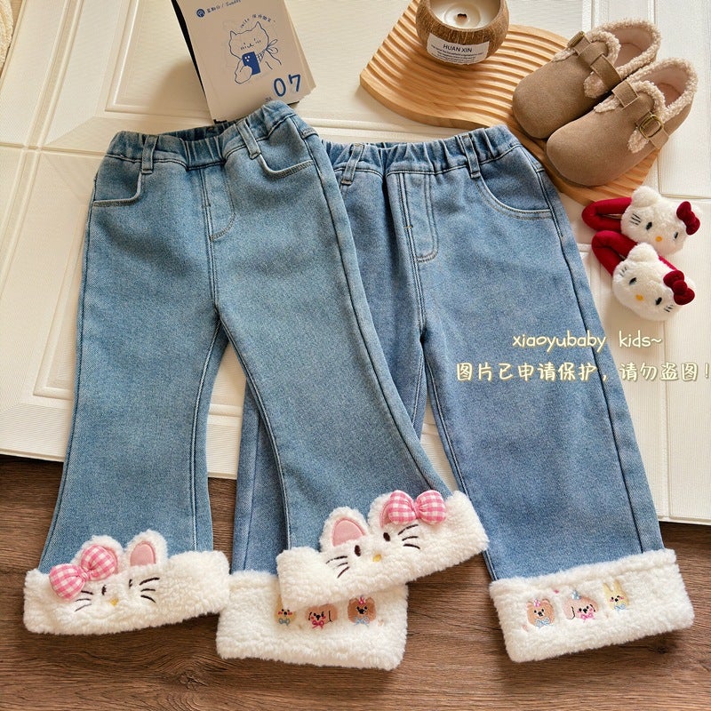 2024 Fall/Winter New Korean Girls' Fleece-Lined Pants Cartoon Stitching Mao Mao Embroidered One-Piece Fleece Straight Jeans - Image 2