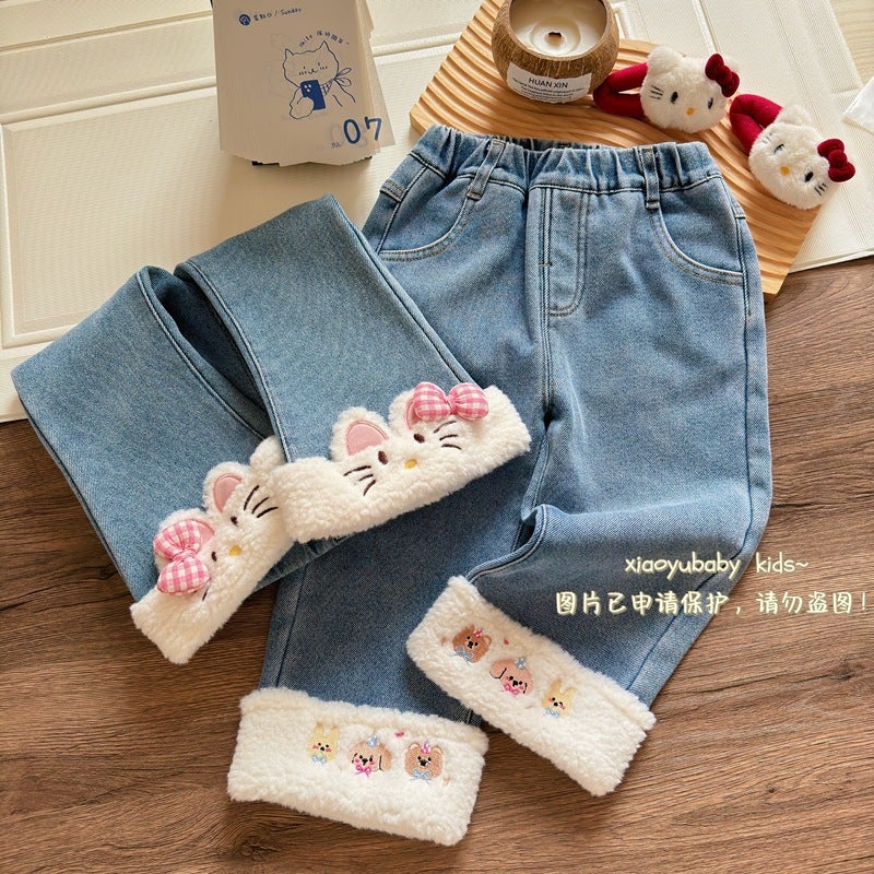 2024 Fall/Winter New Korean Girls' Fleece-Lined Pants Cartoon Stitching Mao Mao Embroidered One-Piece Fleece Straight Jeans - Image 4