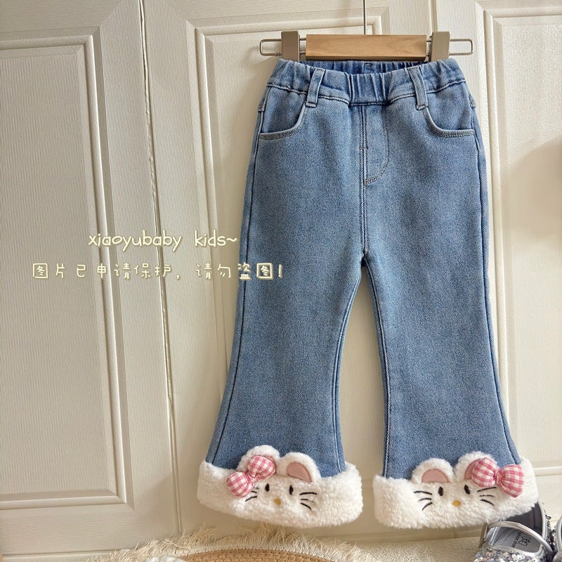 2024 Fall/Winter New Korean Girls' Fleece-Lined Pants Cartoon Stitching Mao Mao Embroidered One-Piece Fleece Straight Jeans - Image 1