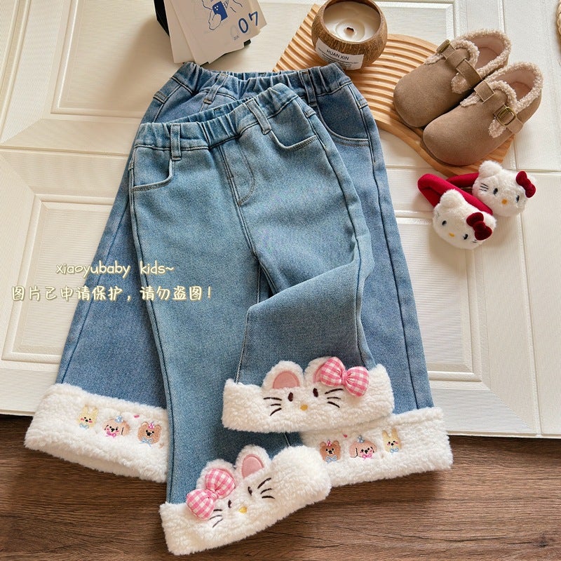 2024 Fall/Winter New Korean Girls' Fleece-Lined Pants Cartoon Stitching Mao Mao Embroidered One-Piece Fleece Straight Jeans - Image 5