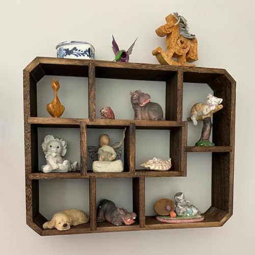 Frcctre Rustic Shadow Box Display Shelf, 9 Compartments Wood Hanging Display Floating Shelves, Multi-Slot Wall Mounted or Freestanding Farmhouse Decor Displays Case - Image 4