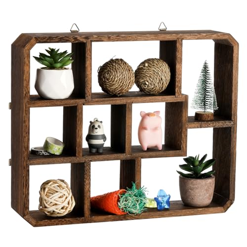 Frcctre Rustic Shadow Box Display Shelf, 9 Compartments Wood Hanging Display Floating Shelves, Multi-Slot Wall Mounted or Freestanding Farmhouse Decor Displays Case - Image 1
