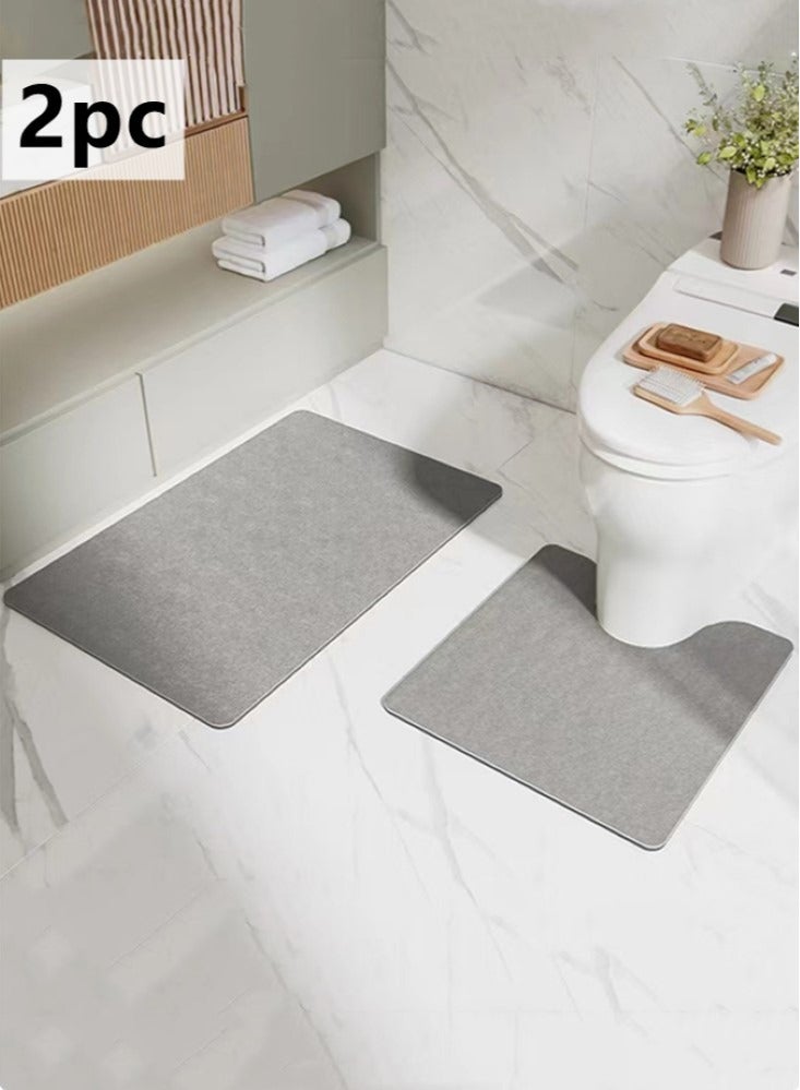 كوتيس 2 قطعة دياتوم الطين مجموعة الحمام ماصة السجاد المضادة للانزلاق حصيرة المرحاض رمادي 60X40 و 50x50 سم - Image 1