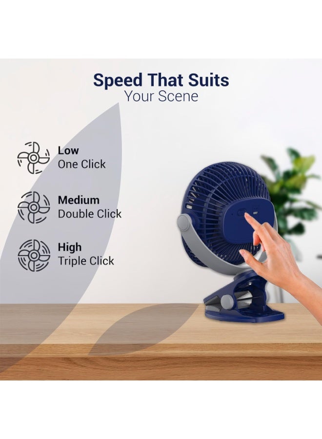 Dylect® Briza Clip Mate Rechargeable Fan | 2000mAh Battery | 8H Runtime | TruSilent BLDC Motor | 3-Speed | 360° Rotation | MICRO-B | Clip & Wall-Mount Fan | Home/Office/Travel | Imperial Blue - Image 5