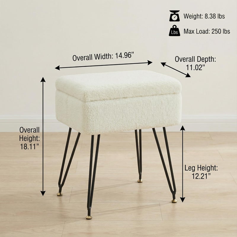 Leesingdo Vanity Stool Chair, Faux Teddy Fur Ottoman Foot Stool with Metal Legs & Adjustable Black Feet, Flip Top Storage Makeup Chair with Soft Padded Seat, Foot Rest for Makeup Room Bedroom, White - Image 3
