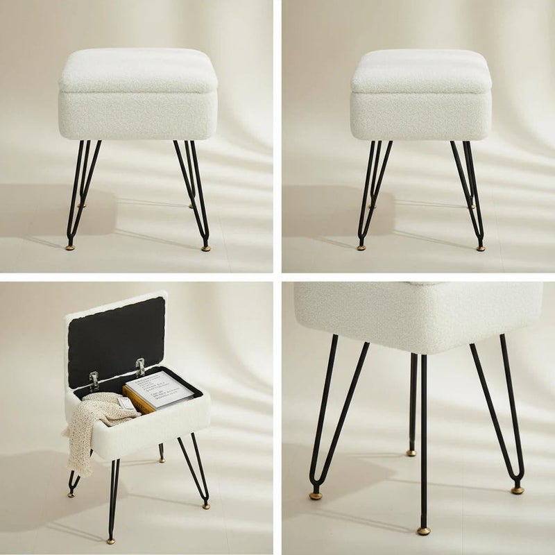 Leesingdo Vanity Stool Chair, Faux Teddy Fur Ottoman Foot Stool with Metal Legs & Adjustable Black Feet, Flip Top Storage Makeup Chair with Soft Padded Seat, Foot Rest for Makeup Room Bedroom, White - Image 5