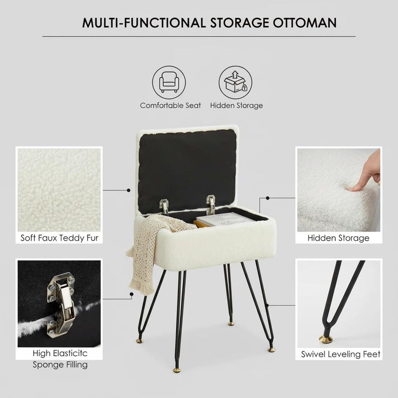 Leesingdo Vanity Stool Chair, Faux Teddy Fur Ottoman Foot Stool with Metal Legs & Adjustable Black Feet, Flip Top Storage Makeup Chair with Soft Padded Seat, Foot Rest for Makeup Room Bedroom, White - Image 4