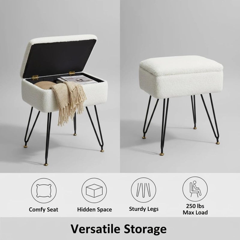 Leesingdo Vanity Stool Chair, Faux Teddy Fur Ottoman Foot Stool with Metal Legs & Adjustable Black Feet, Flip Top Storage Makeup Chair with Soft Padded Seat, Foot Rest for Makeup Room Bedroom, White - Image 2