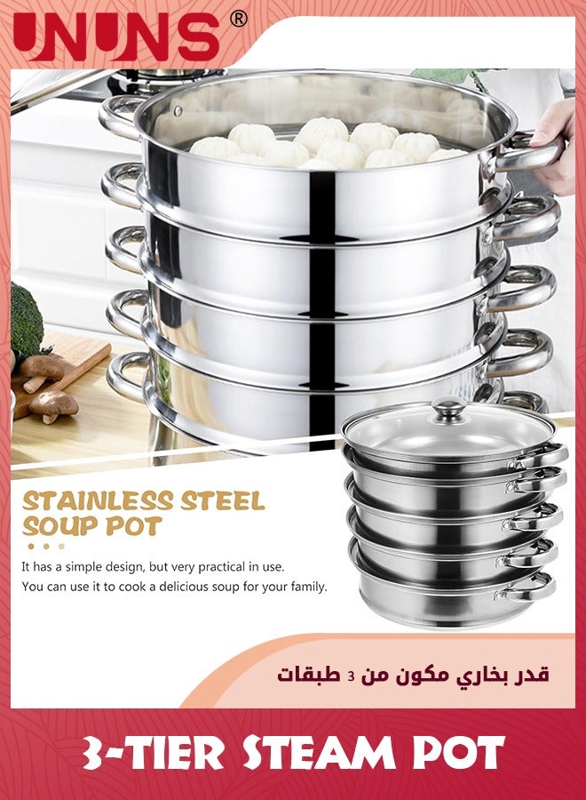 UNUNS وعاء بخار، بخار ثلاثي الطبقات مع غطاء، بخار متدرج ومقابض مزدوجة، وعاء طهي من الفولاذ المقاوم للصدأ، وعاء شوربة كبير متعدد الوظائف لطهي الطعام في المطبخ، 28X28CM بخار أرز - Image 2