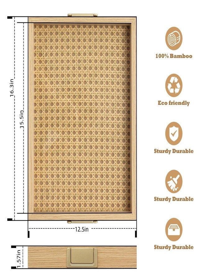 YWMSGM Rattan Woven mesh Surface Wood Serving Tray with Metal Handles, Decorative Tray Service Tray，Modern Boho Design 16.3x13 in Food Drinks Tray for Coffee Table,Dinner & Bar,Kitchen,Party (Large) - Image 4