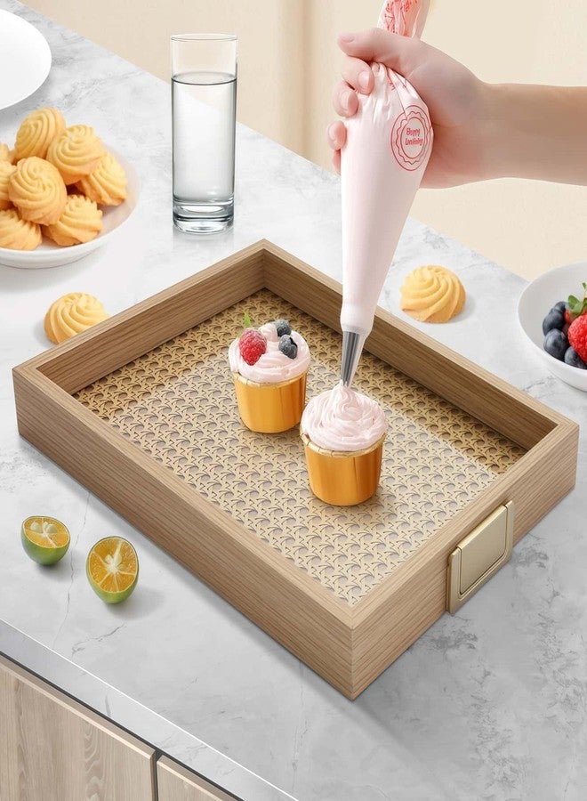 YWMSGM Rattan Woven mesh Surface Wood Serving Tray with Metal Handles, Decorative Tray Service Tray，Modern Boho Design 16.3x13 in Food Drinks Tray for Coffee Table,Dinner & Bar,Kitchen,Party (Large) - Image 3
