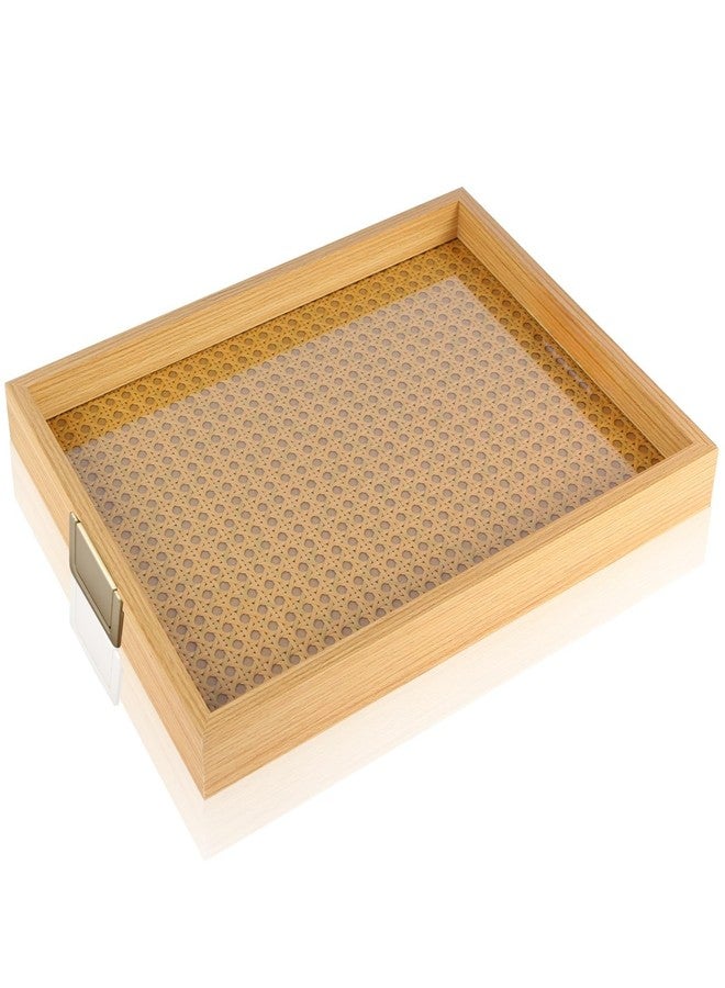 YWMSGM Rattan Woven mesh Surface Wood Serving Tray with Metal Handles, Decorative Tray Service Tray，Modern Boho Design 16.3x13 in Food Drinks Tray for Coffee Table,Dinner & Bar,Kitchen,Party (Large) - Image 1