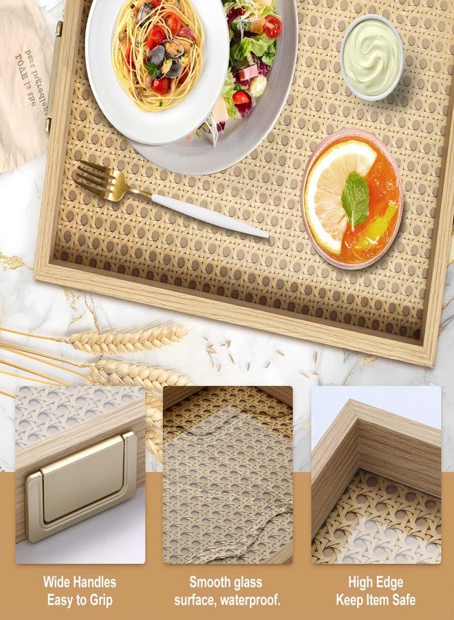 YWMSGM Rattan Woven mesh Surface Wood Serving Tray with Metal Handles, Decorative Tray Service Tray，Modern Boho Design 16.3x13 in Food Drinks Tray for Coffee Table,Dinner & Bar,Kitchen,Party (Large) - Image 2