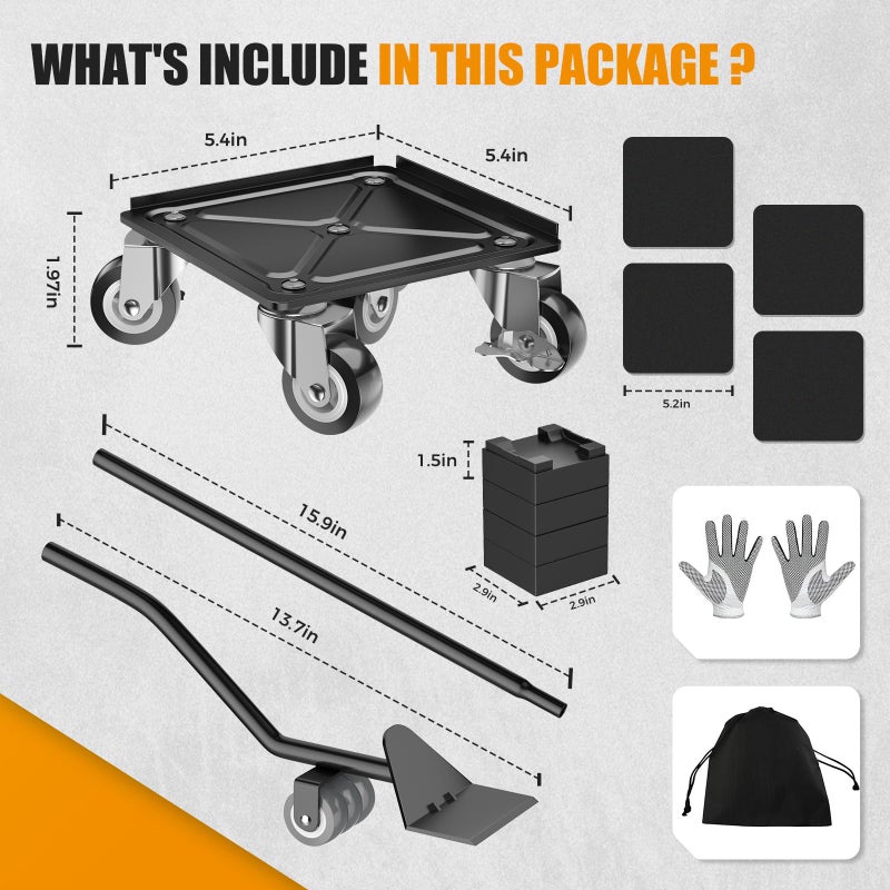 LOYAL TIGER Heavy Duty 1500LBS Furniture Dolly & Movers with 5X 360Â° Wheels - Carbon Steel Panel & Non-Slip Casters, Includes Lifter Jacks, Gliders for Sofa, Refrigerator (5.4 Inch, Black) - Image 3