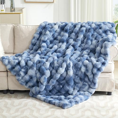 VFROO Ultra Plush Bubble Faux Rabbit Fur Blanket – 950GSM Thick Fluffy Throw Blanket for Bed, Couch, Sofa, or Gift, 50" × 60", Tie-dye Blue - Image 1